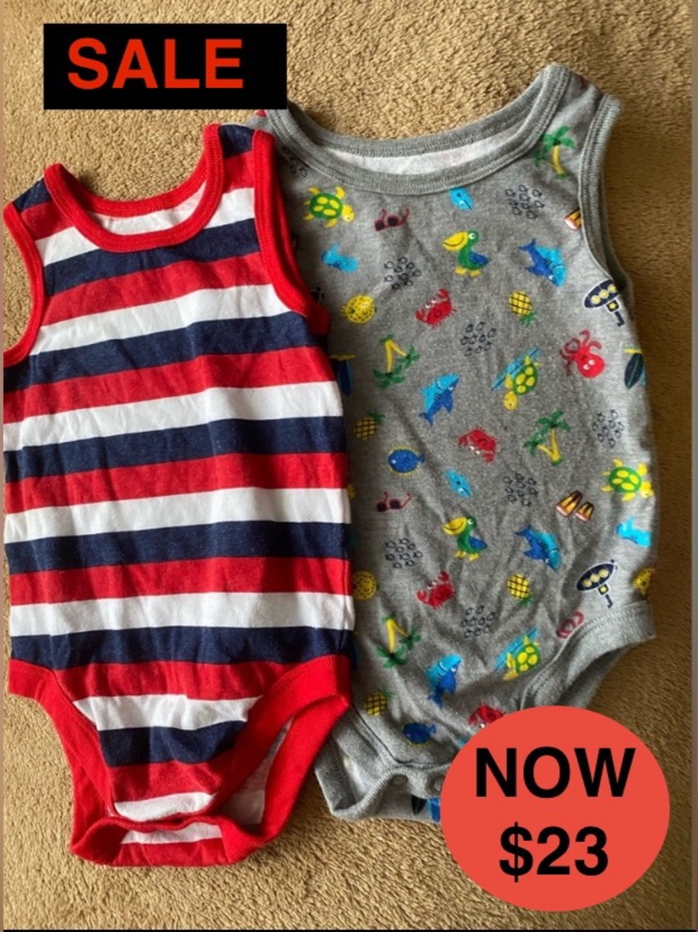 Garanimals 2-Pack Baby Boy Sleeveless Bodysuits - 6-9M - Red Stripes & Sea Life